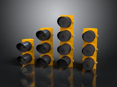 Multiple Yellow Traffic Lights With Black Lenses In Various Sizes On 3d model
