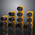 Multiple Yellow Traffic Lights With Black Lenses In Various Sizes On