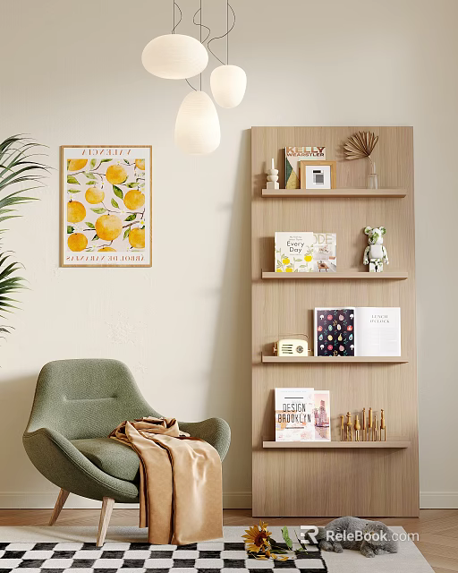 Light Wood Multi Tiered Bookcase With Books Decorative Items Green Chair And Lemon Art 3d model 