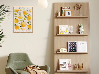 Light Wood Multi Tiered Bookcase With Books Decorative Items Green Chair And Lemon Art 3d model