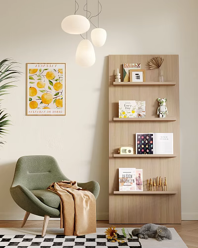 Light Wood Multi Tiered Bookcase With Books Decorative Items Green Chair And Lemon Art 3d model