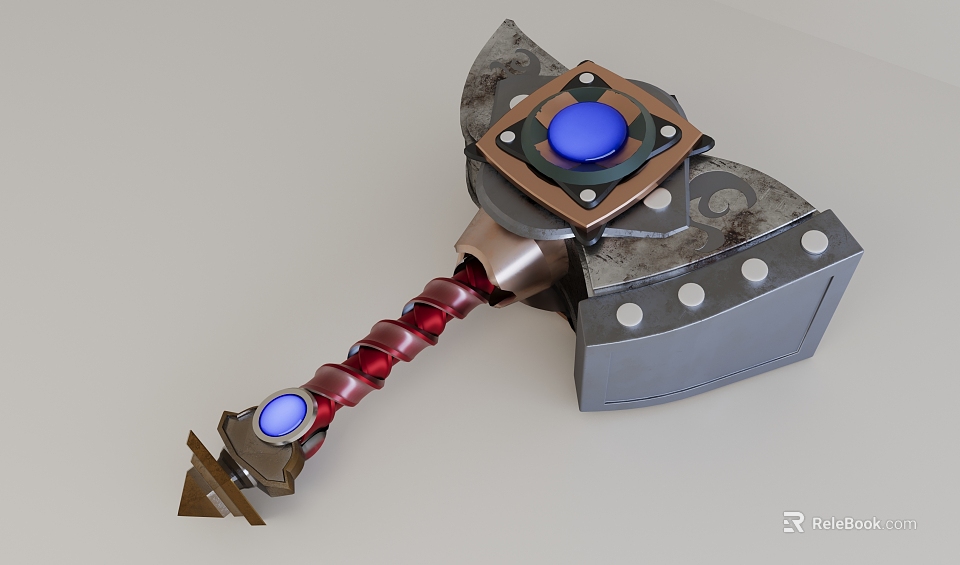Legendary Battle Axe Weapon With Blue Gem Red Handle Metal Parts And Decorative Elements 3d model 
