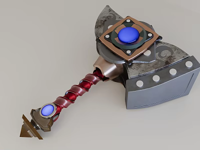 Legendary Battle Axe Weapon With Blue Gem Red Handle Metal Parts And Decorative Elements 3d model