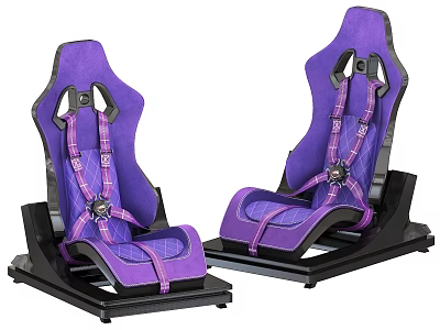 Pair Of Purple Racing Seats With Quilted Upholstery Safety Harnesses And Black Bases 3d model