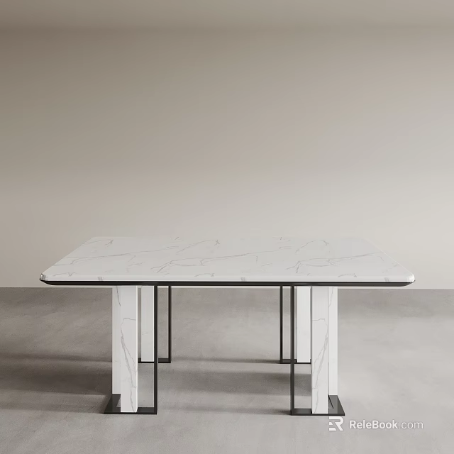 Modern Minimalist Dining Table With White Marble Tabletop And Black Metal Frame 3d model