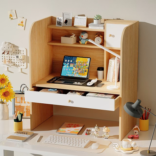 Cozy Wooden Desk With Shelf Laptop Books Mug Calendar Sunflower Bouquet And Lamp 3d model 