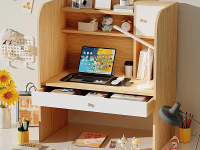 Cozy Wooden Desk With Shelf Laptop Books Mug Calendar Sunflower Bouquet And Lamp 3d model