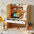 Cozy Wooden Desk With Shelf Laptop Books Mug Calendar Sunflower Bouquet And Lamp