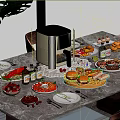 Modern Dining Table Set With Assorted Dishes Air Fryer And Scenic Outdoor View