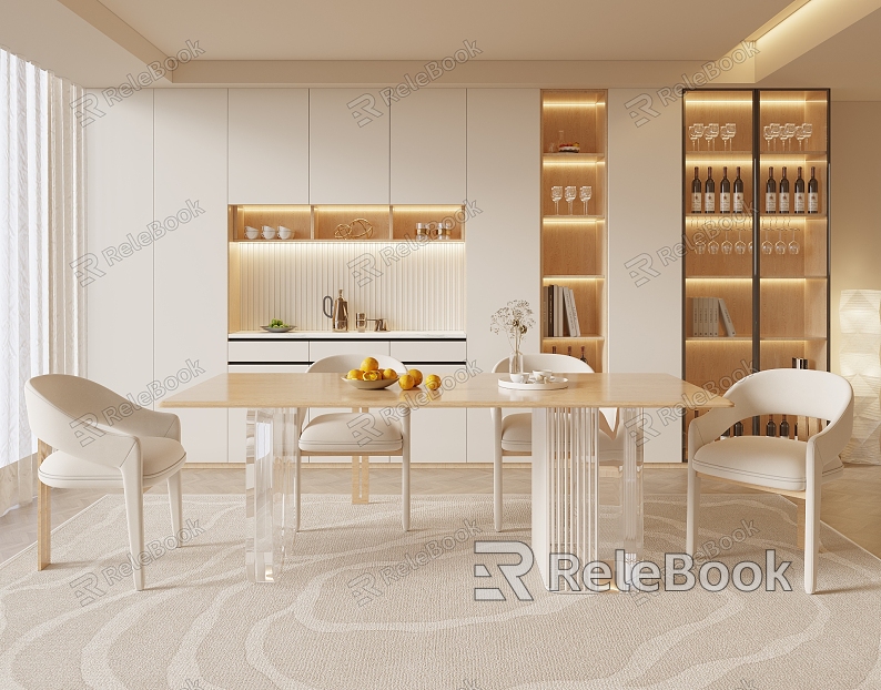 Modern Cream Style Home Restaurant Solid Wood Dining Table and Chair Combination Fabric Backrest Dining Chair Kitchen Glass Cabinet Wine Cabinet model