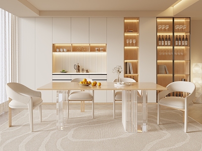 Modern Cream Style Home Restaurant Solid Wood Dining Table and Chair Combination Fabric Backrest Dining Chair Kitchen Glass Cabinet Wine Cabinet model