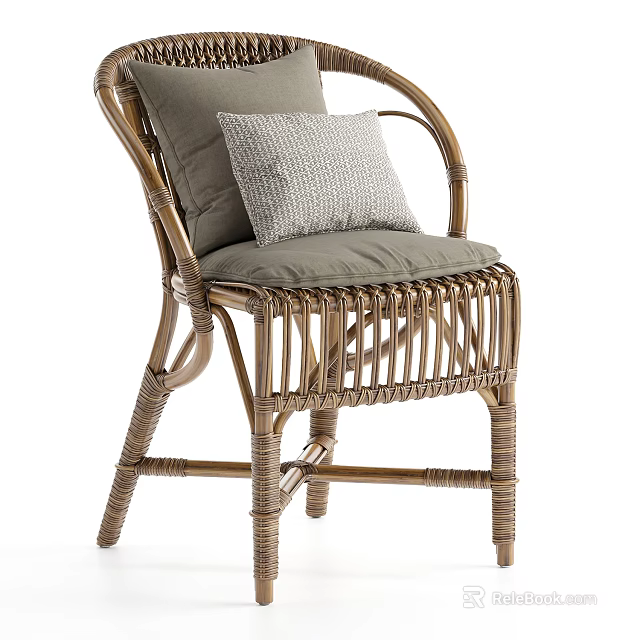 Handwoven Natural Rattan Armchair With Soft Grey Fabric Cushions And Textured Decorative Throw Pillow 3d model 