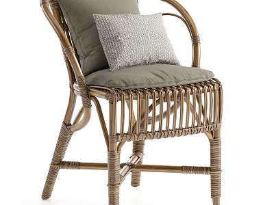 Handwoven Natural Rattan Armchair With Soft Grey Fabric Cushions And Textured Decorative Throw Pillow 3d model