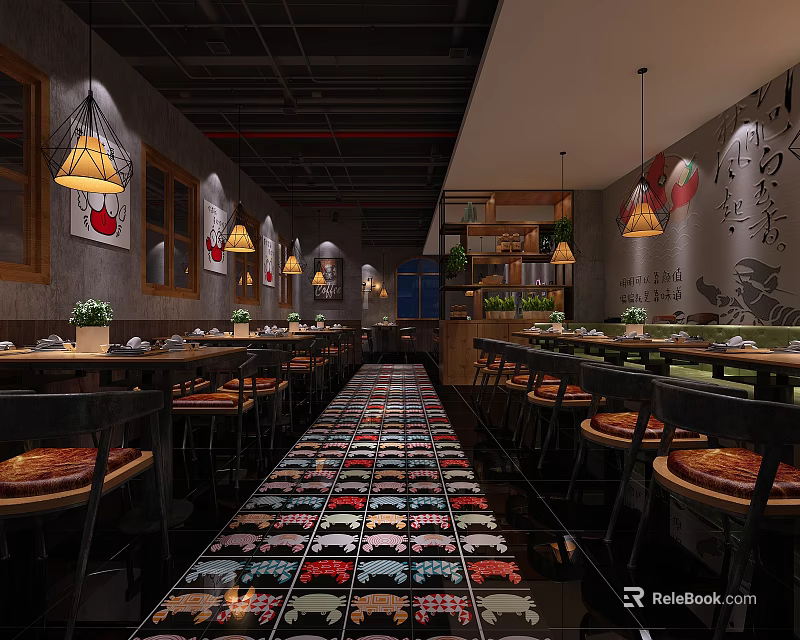 Vintage Industrial Restaurant Interior With Colorful Floor Tiles Pendant Lights Wooden Tables And Wall Art 3d model 