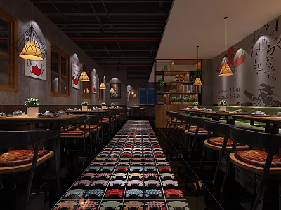 Vintage Industrial Restaurant Interior With Colorful Floor Tiles Pendant Lights Wooden Tables And Wall Art 3d model