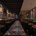 Vintage Industrial Restaurant Interior With Colorful Floor Tiles Pendant Lights Wooden Tables And Wall Art