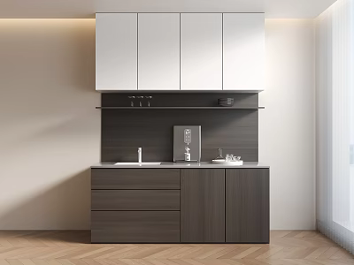 Modern Minimalist Sideboard With White Upper Dark Lower Cabinets And Water Dispenser On Countertop 3d model