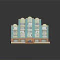 Cartoon Style Building With Blue Orange Facade Multiple Floors Balconies And Windows