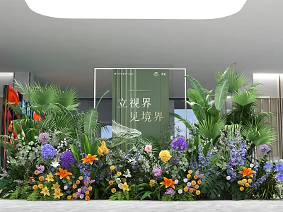 Colorful Floral Installation Featuring Various Flowers and Green Plants in Modern Interior with Green Signage 3d model