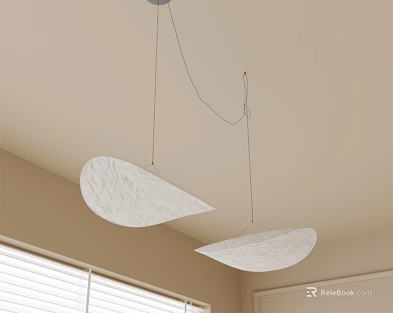 Two White Crinkled Design Pendant Lights Hanging From Ceiling In Room Corner 3d model 