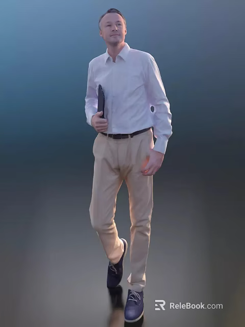 A Man in Light Colored Shirt and Khaki Pants Walking with Black Folder 3d model