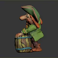 Colorful Pirate Statue With Green Hat Red Brim Green Coat And Wooden Barrel Blue Stripes