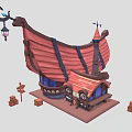Cartoon Style Ship Shaped Building with Red Roof Blue Windows Spire and Wooden Barrels Signpost