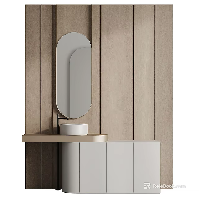 Minimalist Washbasin with Oval Mirror and White Cabinet on Wooden Panel Wall 3d model 
