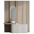 Minimalist Washbasin with Oval Mirror and White Cabinet on Wooden Panel Wall