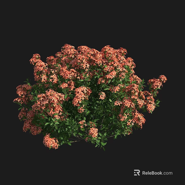 Bush of Orange Red Flowers with Green Leaves in Round Shape 3d model 