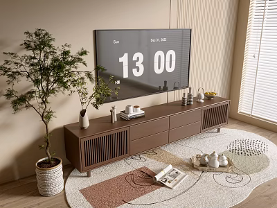 Modern Brown TV Stand with TV Decorative Vases Green Plant and Carpet 3d model