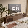 Modern Brown TV Stand with TV Decorative Vases Green Plant and Carpet