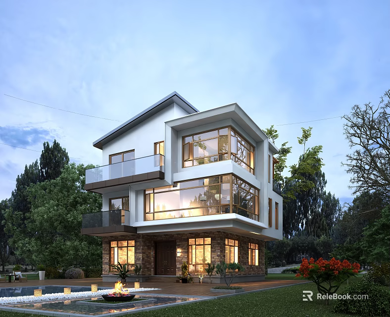Modern Detached Villa With Large Glass Windows Green Trees Garden And Outdoor Lighting 3d model 