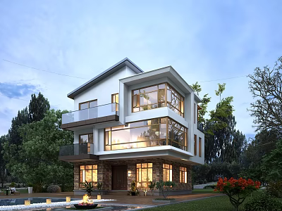 Modern Detached Villa With Large Glass Windows Green Trees Garden And Outdoor Lighting 3d model