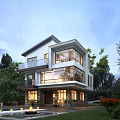 Modern Detached Villa With Large Glass Windows Green Trees Garden And Outdoor Lighting