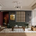 Elegant Modern Living Room Interior With Green Sofa Wooden Coffee Table Brown Armchair And Artwork