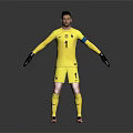 Football Goalkeeper in Yellow Jersey Number 1 with Black Gloves and Armband Standing Pose