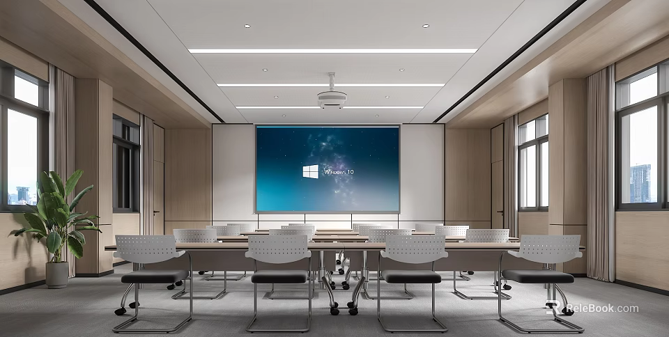 Modern Conference Room Interior With Large Screen Windows Logo And Meeting Tables Chairs 3d model 
