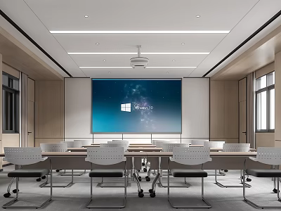 Modern Conference Room Interior With Large Screen Windows Logo And Meeting Tables Chairs 3d model