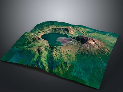 Realistic 3D Terrain Featuring Crater Lake Green Mountains and Volcanic Cone 3d model