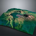 Realistic 3D Terrain Featuring Crater Lake Green Mountains and Volcanic Cone