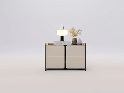 Modern Light Colored Console Cabinet With Dark Frame Table Lamp Vase Plant And Book 3d model