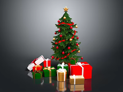 Festive Christmas Tree With Star Top Red Ribbons And Colorful Gift Boxes 3d model