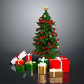 Festive Christmas Tree With Star Top Red Ribbons And Colorful Gift Boxes