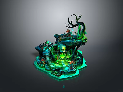 Enchanting Fantasy Landscape with Luminous Greenery Rocky Outcrops and Glowing Water Features 3d model