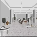 Modern Clothing Store Interior With White Hanging Racks Decorative Plants And Wooden Seats