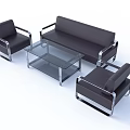 Modern Black Leather Sofa and Coffee Table Set with Silver Metal Frame and Glass Top
