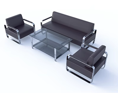 Modern Black Leather Sofa and Coffee Table Set with Silver Metal Frame and Glass Top 3d model