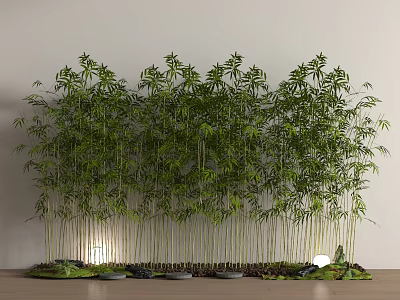 Dense Green Bamboo Neatly Arranged Against White Background With Small Lights And Stones At Bottom 3d model