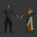 Vintage Male Female Historical Characters Wearing Traditional Long Coat And Floral Patterned Dress